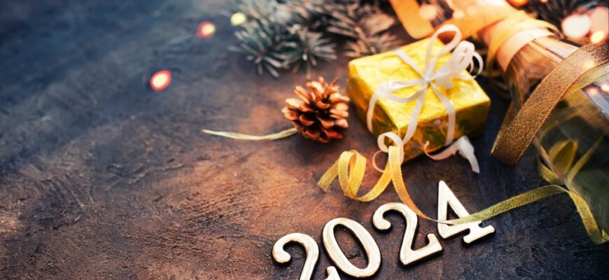 Happy,New,Year,2024,Card,With,Bottle,Of,Champagne,And